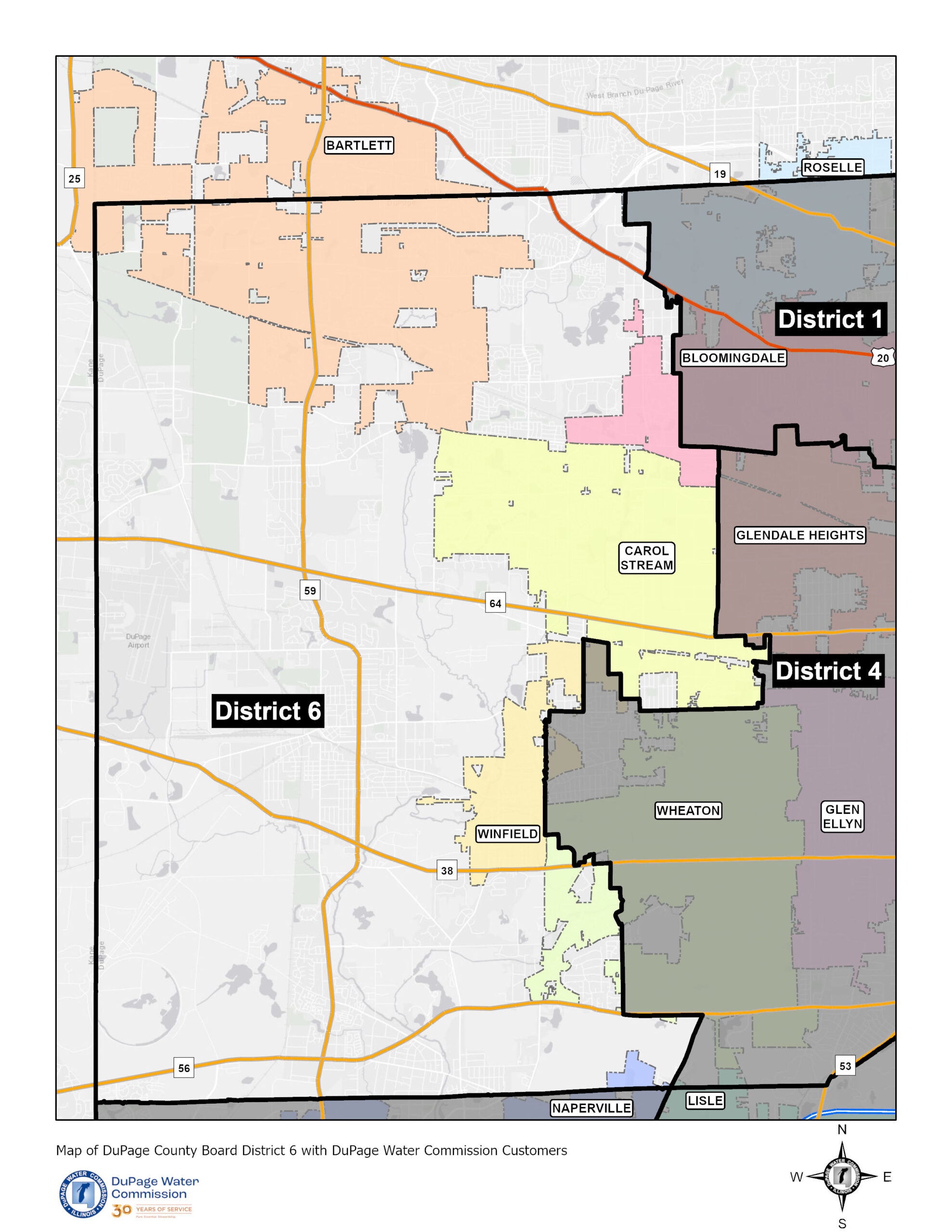 Map of DuPage County Board District 6 with DuPage Water Commission Customers