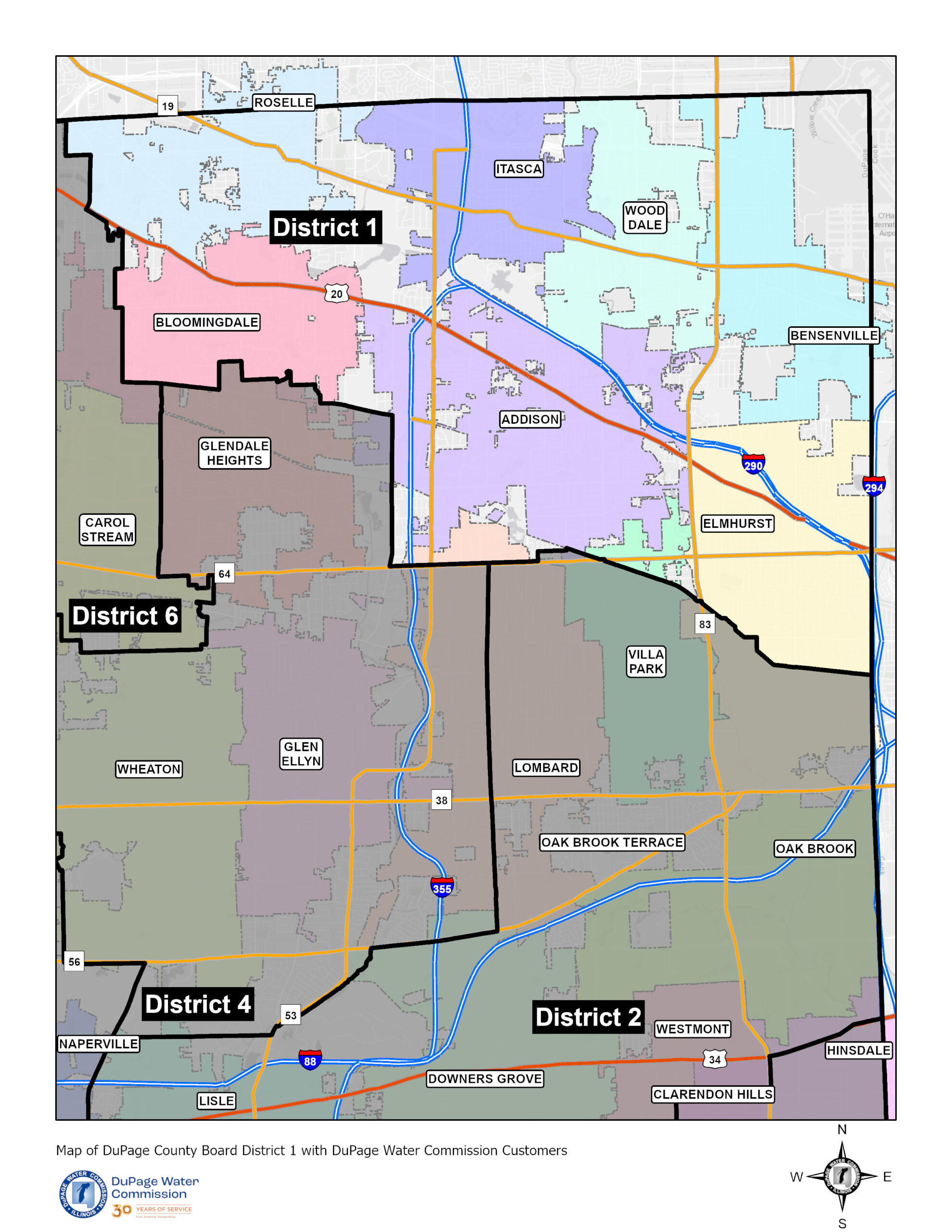 Map of DuPage County Board District 1 with DuPage Water Commission Customers