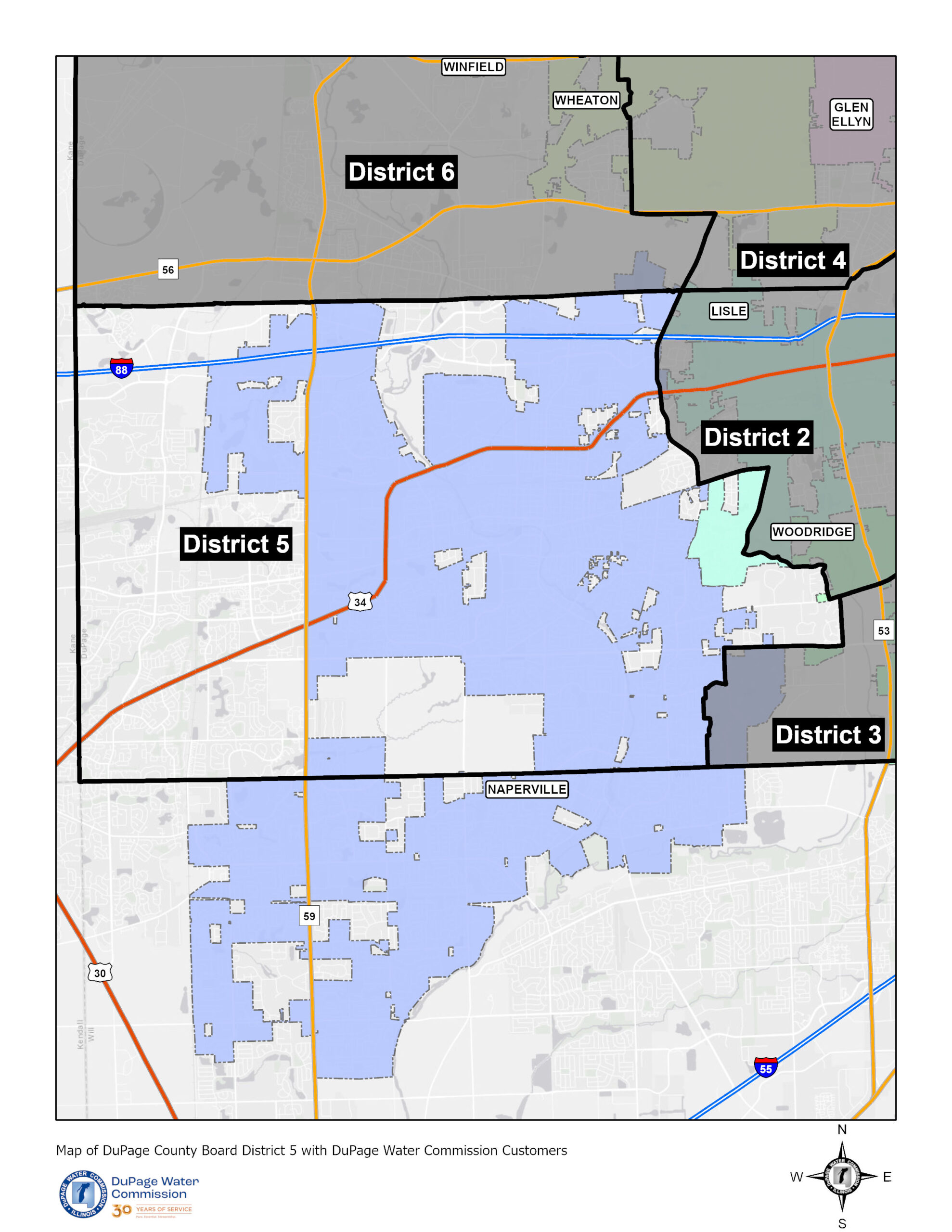 Map of DuPage County Board District 5 with DuPage Water Commission Customers