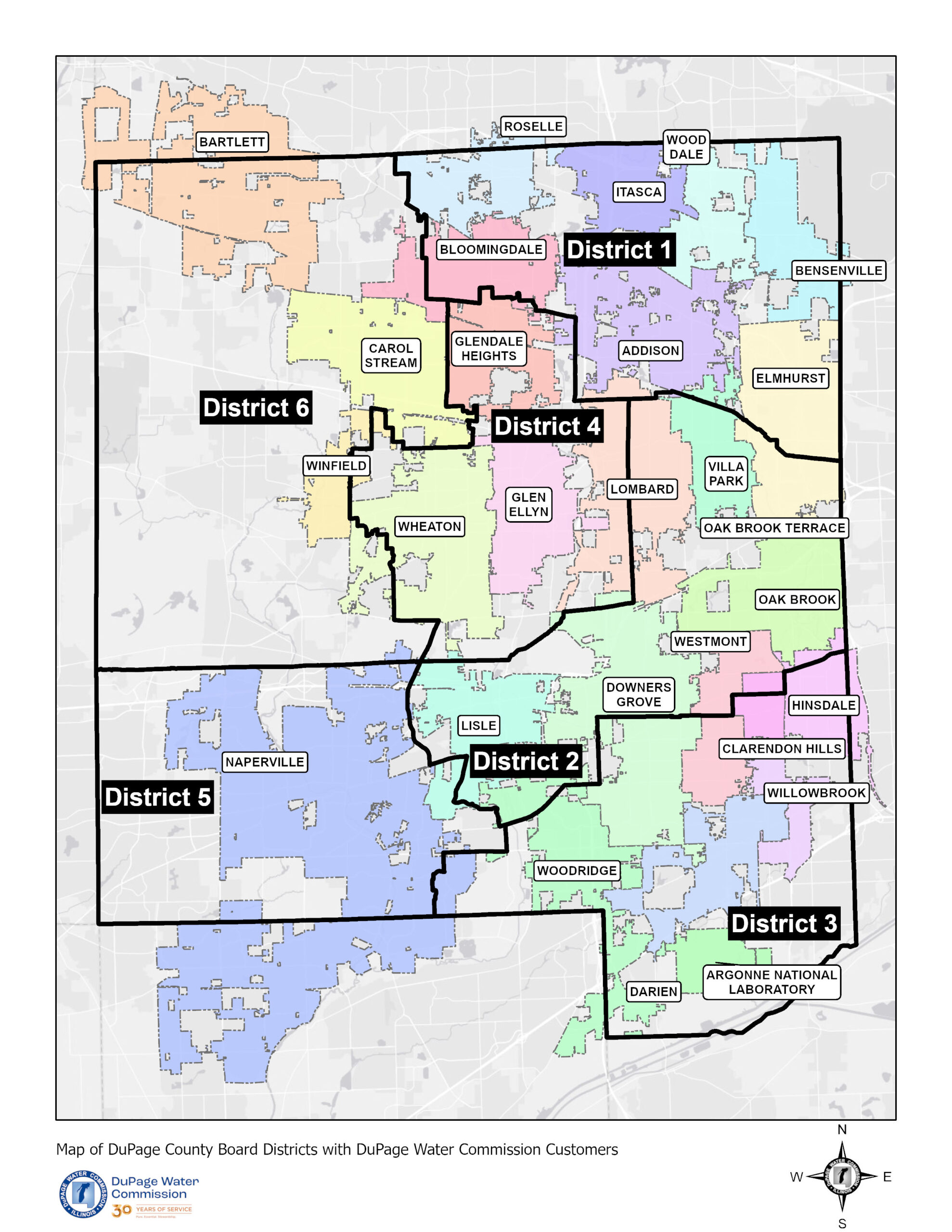 Map of DuPage County Board Districts with DuPage Water Commission Customers