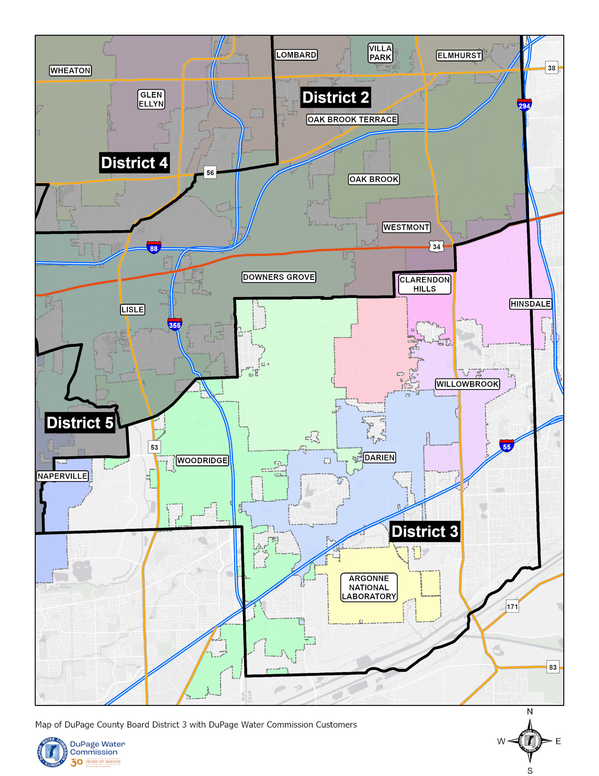 Map of DuPage County Board District 3 with DuPage Water Commission Customers
